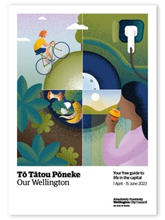 The cover of the Our Wellington magazine featuring a climate action-themed illustration of a cyclist going up a hill, an electric vehicle being charged, a woman drinking from a keep cup, and a compost pit in a garden.