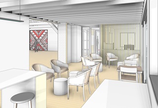 An artists render of inside a new Community Centre with circular seating arrangements and high tables with stools.