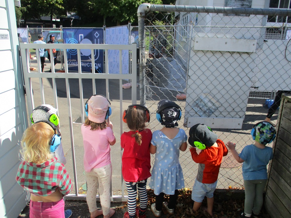 Aro Valley preschool children in earmuffs at worksite