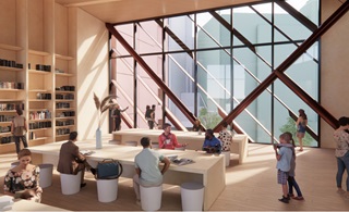 Central Library preliminary design render showing view from Te Whanganui a Tara room.