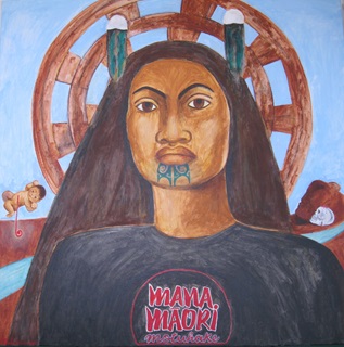 A painting of a young Māori woman with a tā moko on her chin, feathers in her long brown hair, wearing a black t-shirt with 'Mana Māori' on it in red, and a brown circular design behind her and blue background.