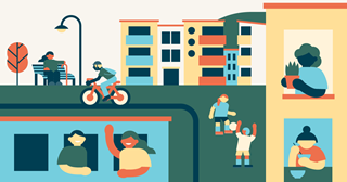 A colourful graphic of a street view featuring buildings, people on bikes, playing ball, and waving from windows.