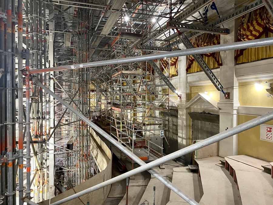 Interior shot of the Wellington Town Hall, showing scaffolding.
