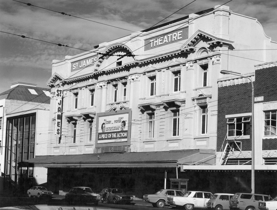 A black and white photo of the outside of St James Theatre.