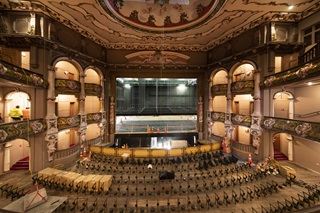 The stage and seating in St James Theatre under construction.