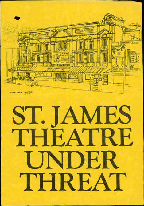 A yellow poster with an illustration of St James Theatre and text that reads 