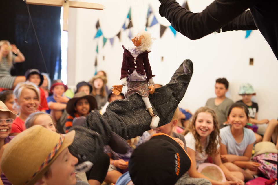 Wellington City Libraries School Holiday programme activity Nan on Tuna in front of audience of children