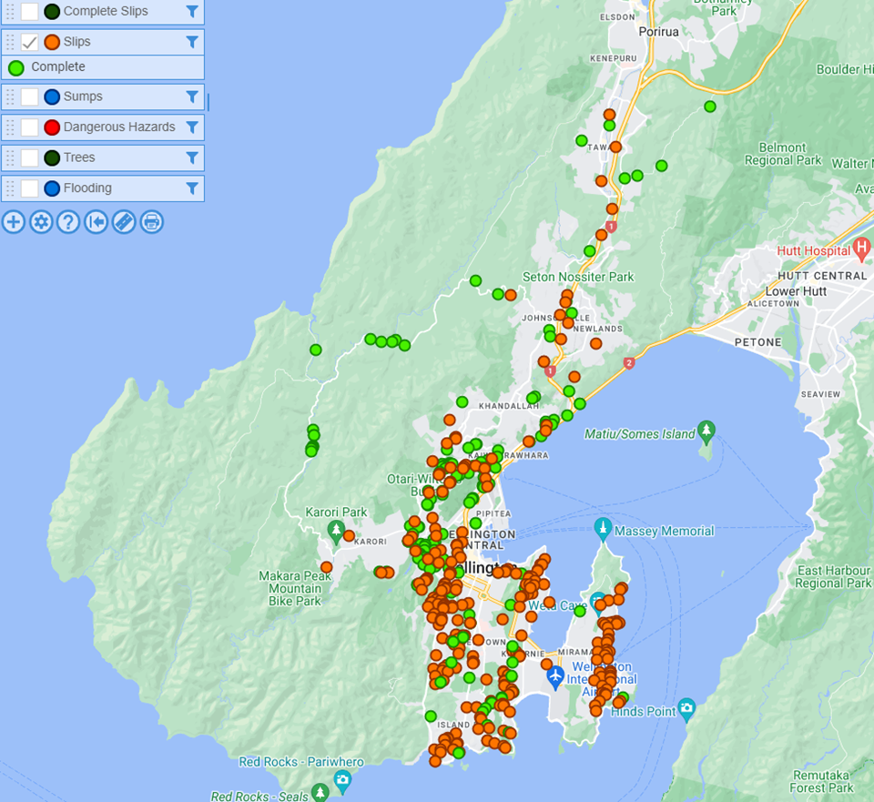Map of recent slips around the Wellington region