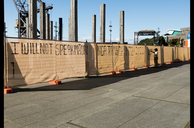 Tame Iti’s ‘I Will Not Speak Māori’ installation happening in Odlin's Plaza