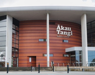 Artistic impression of Ākau Tangi signage outside building as new name for the Wellington ASB Sports Centre