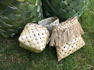 Finished baskets on the grass.