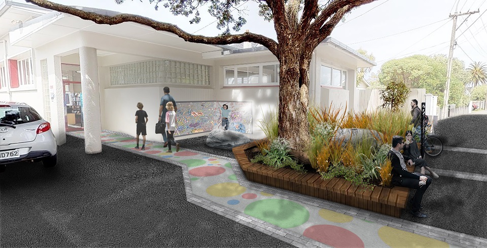 Render of space outside library in Island Bay village area.