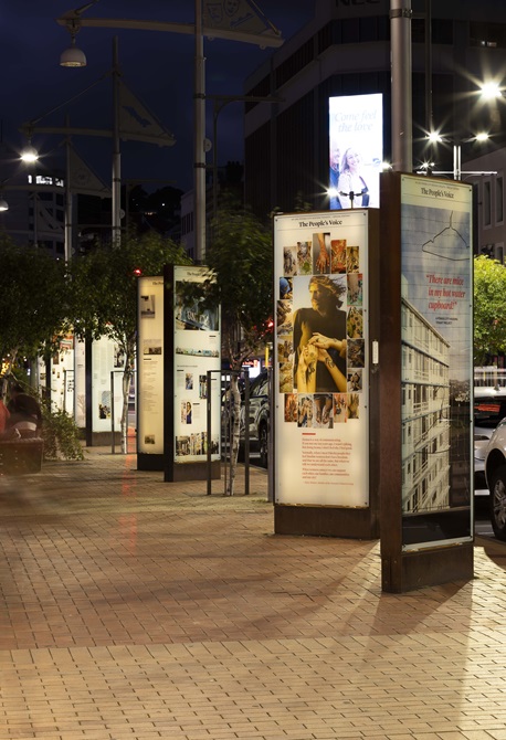 Courtenay Place Lightbox Exhibition at night.
