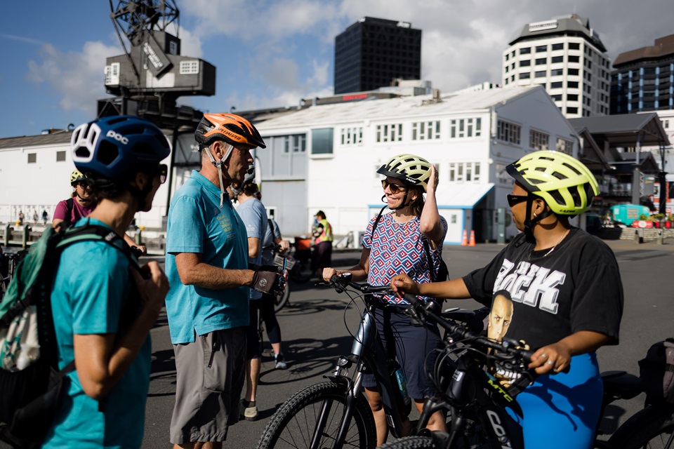 Group on bike tour chatting on the Queen's Wharf
