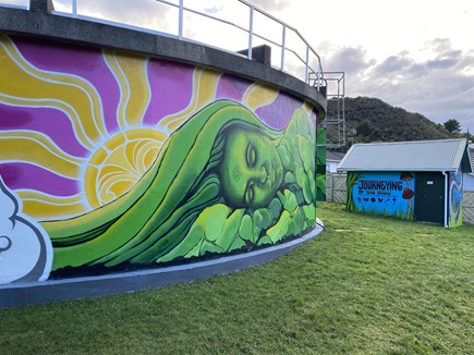 Mural “Journeying” on a water tank in Montgomery Avenue