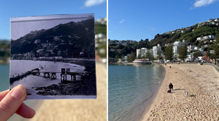 Side by side image of oriental bay when it was first started to oriental bay with a beach,