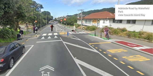 Artist impression of proposed bike lane on Adelaide Road by Wakefield Park looking towards Island Bay