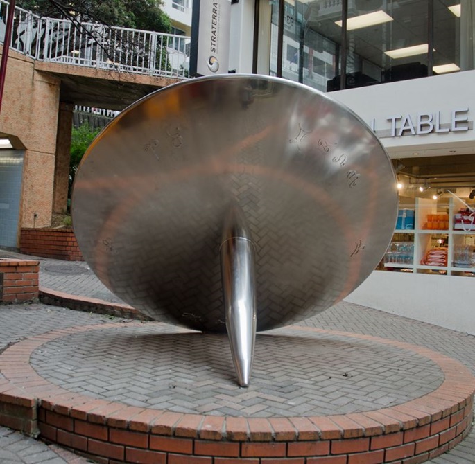 Large sculpture of a spinning top in Wellington CBD.