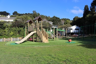 Playground with a wooden slide with lots of grass and houses in the background.