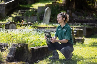 A young woman wearing a green polo shirt and work boots crouches in the grass among gravestone, holding a tablet, on a sunny day.