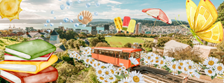 Illustrated graphics of the Wellington Cable Car with a stack of books,daisies and umbrellas surrounding it.