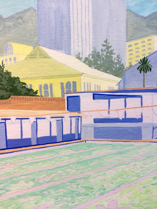 An unfinished watercolour painting of an outdoor pool surrounded by city buildings and hills.