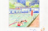 A colour pencil sketch of an outdoor summer pool surrounded by hills, trees and city buildings.