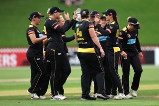 Group of cricket players high fiving.