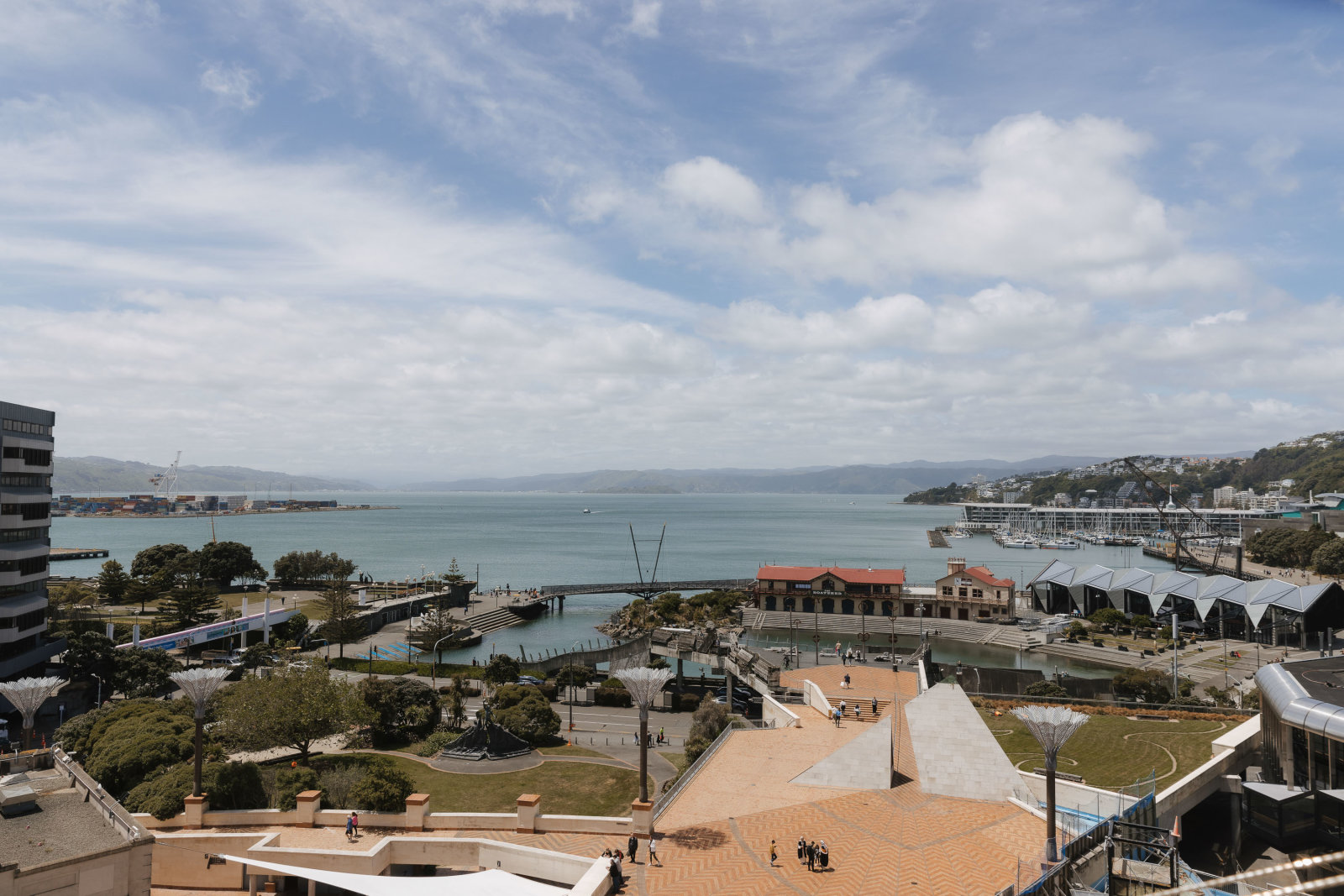 A collection of buildings and Jack Illott Green, with the Wellington waterfront in the background.