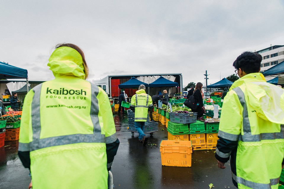 Kaibosh food rescue team at Harbourside market collecting leftover kai to redistribute