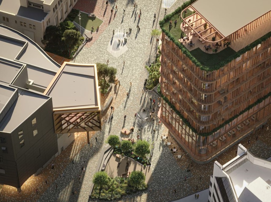 Te Ngakau Civic Square Precinct Development Te Matapihi entrance area indicative concept render