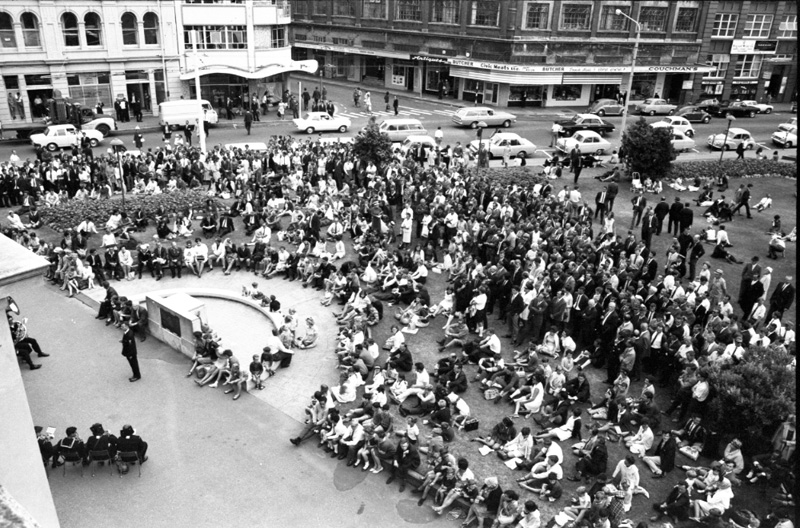 Black and white photo of a crowd in Civic Square.