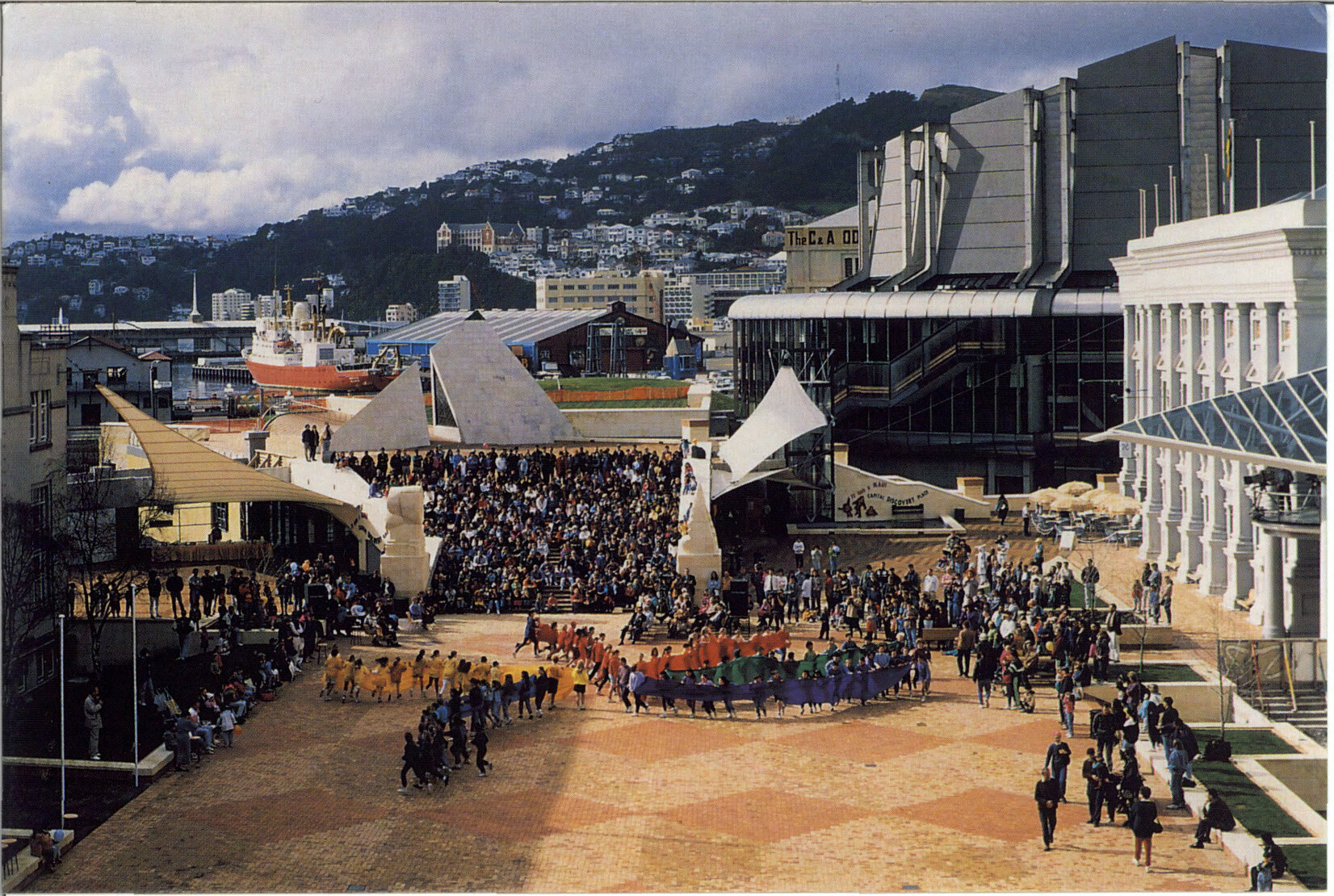 Crowds of people gathered in Civic Square.