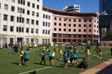 School kids playing in Civic Square.