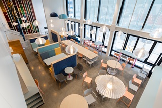 Cafe with multicoloured seats.