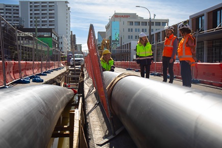 Mayor Whanau checks the progress at the new Taranaki Street rising main