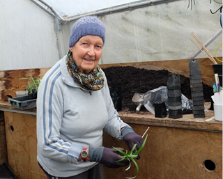 A woman holding up plants in a nursery.