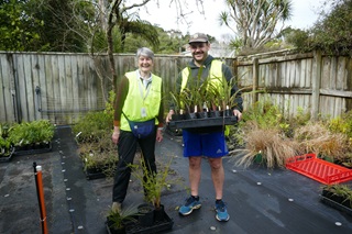 Two people standing in a plant nursery wearing high vis.