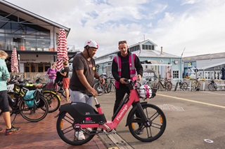 Flamingo bikes on the waterfront.