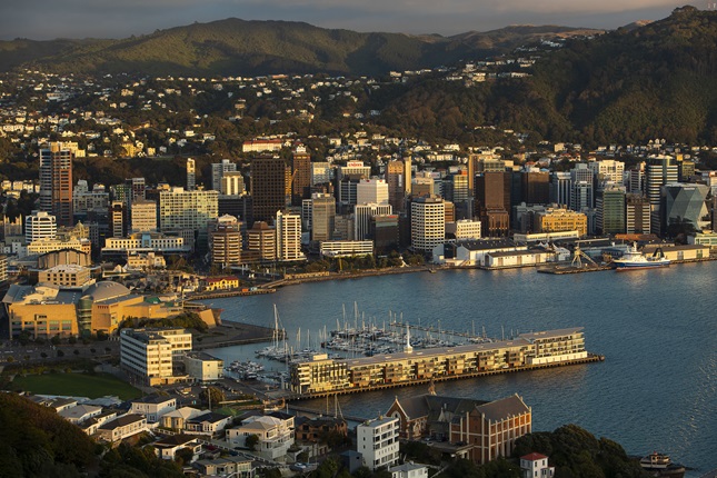 An elevated view of the Wellington harbour at golden hour. 
