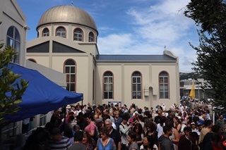 Crowds of people at the Greek Food Festival.