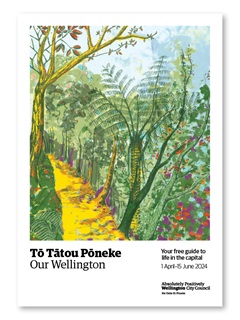 The cover of the autumn 2024 Our Wellington magazine, featuring a painting of a yellow pathway amongst green bush with hints of purple and red in the trees.