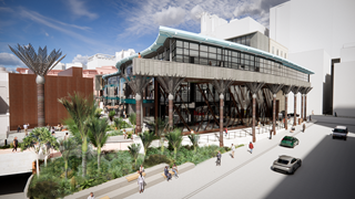 Artist's impression of the large, multi-storey Central Library building in Wellington, complete with nikau fern sculptures and landscaping.