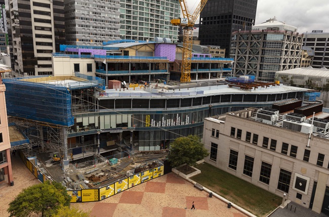 A high-angle view of the strengthening and modernising construction work happening at Wellington's Central Library in Te Ngākau Civic Square.
