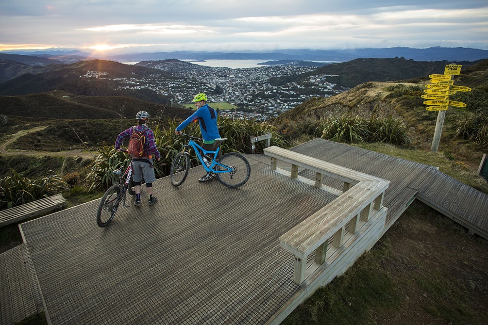 Two people leaning on bikes on a wooden platform on the top of a hill.