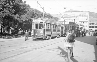 Old trams and tram lines on Courtenay Place.