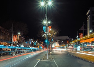 View down Courtenay Place precinct at night.