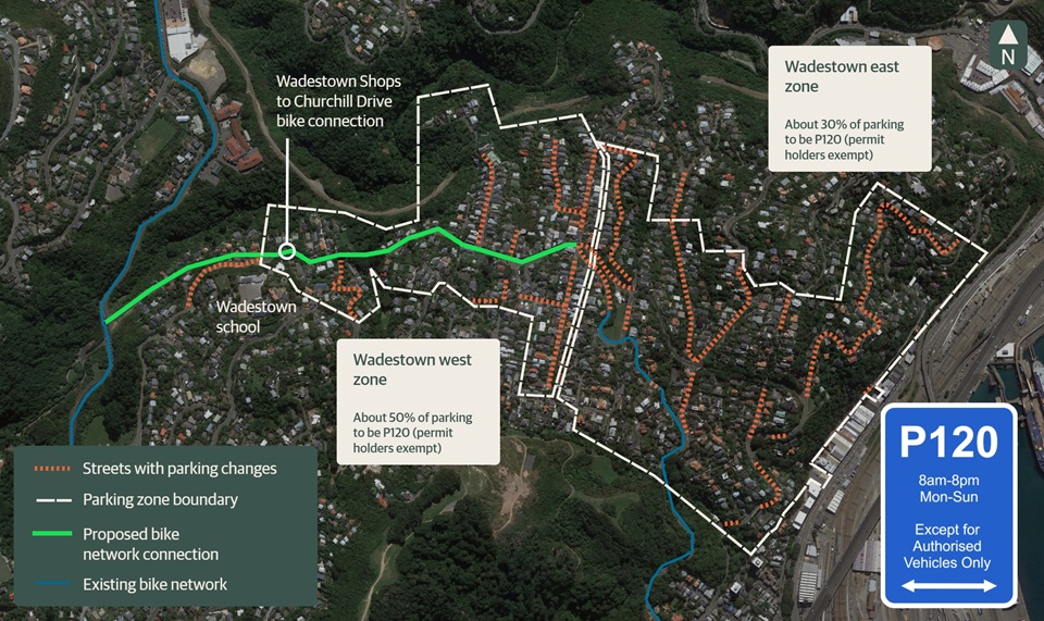 Map showing proposed bike lane and parking changes in Wadestown area.