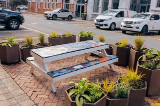 Image of the planter space, with a picnic table and planter boxes filled with native and non native plannts