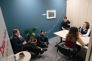 Image of young people hanging out in the Te Tai Ohinga Podcasting space